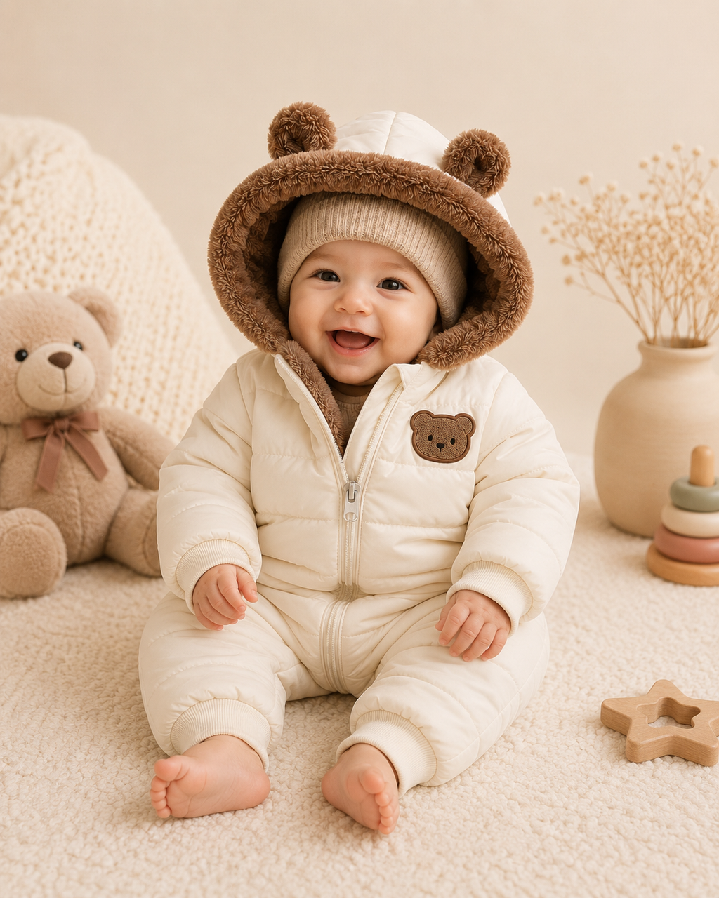 Cozy Warm Plush-Lined Infant Bodysuit | Winter Bear Ear