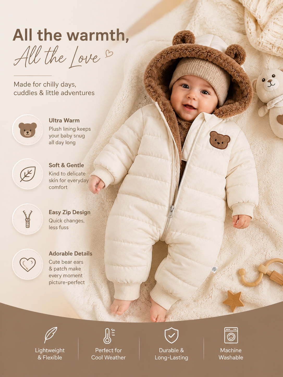 Cozy Warm Plush-Lined Infant Bodysuit | Winter Bear Ear