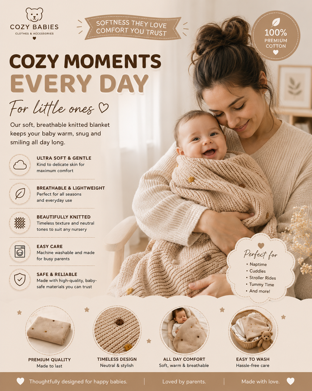 Pure Cotton Soft Cozy Hand-Crocheted Pom-Pom Baby Blanket