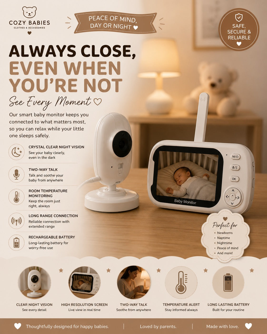 Cozy Baby 720P Monitor 3-in-1 with a 3.5inch LCD Screen